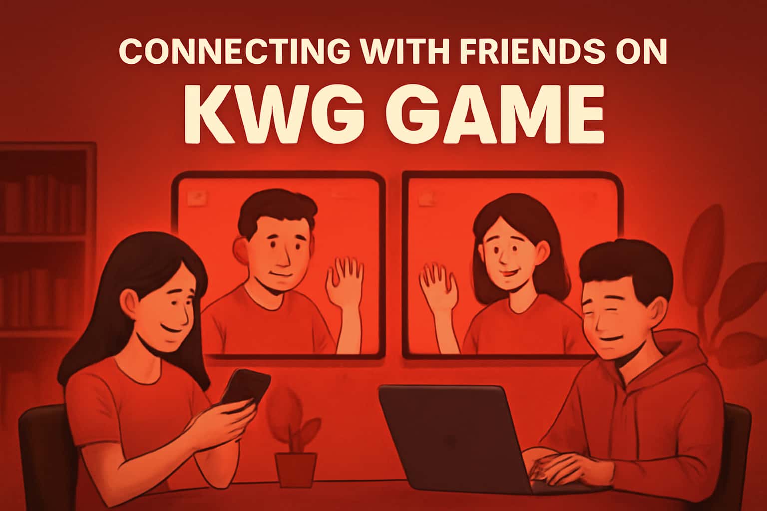 An informational graphic showing a digital representation of connecting friends in KWG Game.